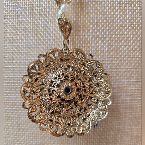 West Germany Vintage Peacock Blue Rhinestones & Pearls Filigree Necklace - Picture 7 of 9